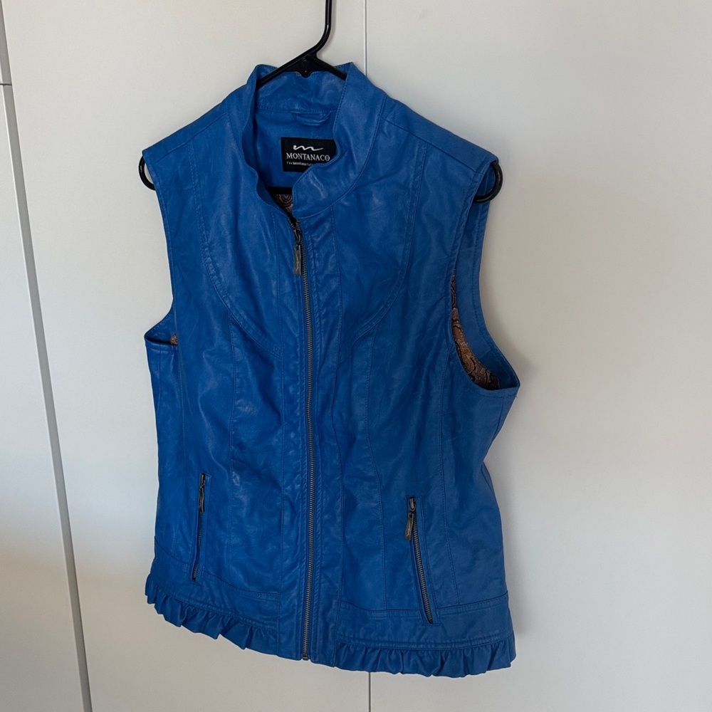 Montanaco Women's Royal Blue Faux Leather Sleeveless Zip Vest